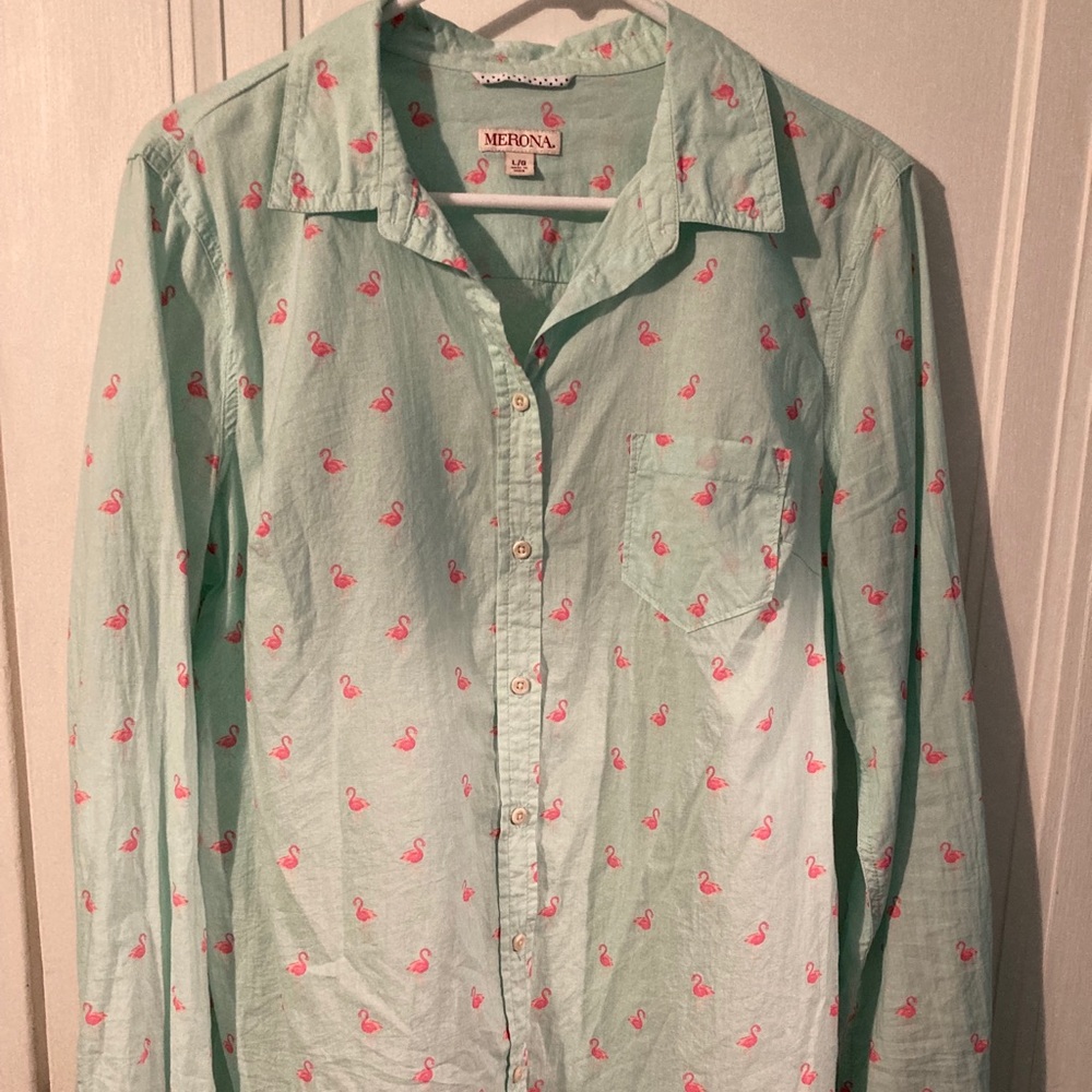 Merona Large Flamingo Button Blouse Mint Aqua Pink